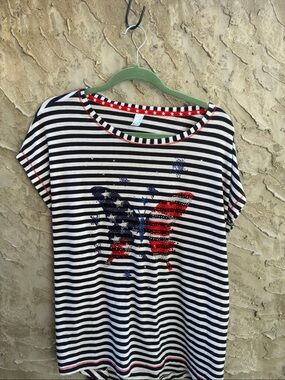Nautical Navy Blue and White Striped Top with Sequin Butterfly Design PM